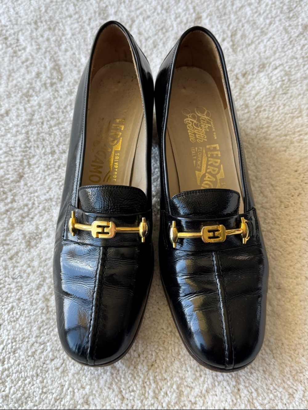 Vintage Salvatore Ferragamo Black Patent Leather Loafers with Gold Bit